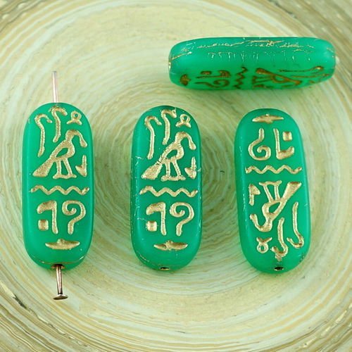 4pcs mat vert émeraude de l'or égyptien cartouche hiéroglyphes tchèque verre plat ovale perles de 25 sku-29217