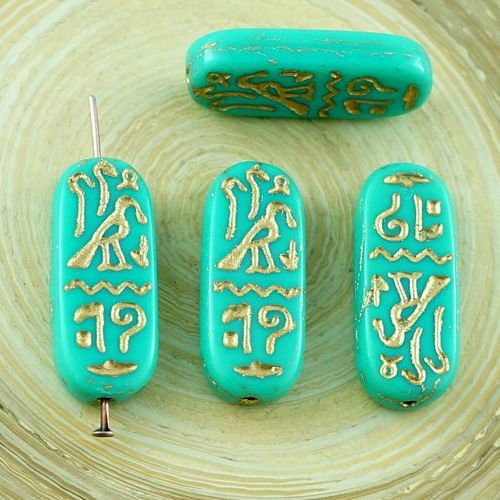 4pcs turquoise-vert-or égyptien cartouche hiéroglyphes tchèque verre plat ovale perles de 25mm x 10m sku-29218