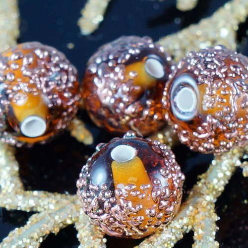 Jaune bronze sucre de murano fait à la main le verre tchèque perles rondes sra bohème mis en pointil sku-19142