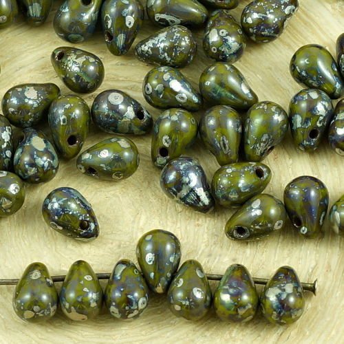 40pcs picasso argent opaque de l'olivine vert olive larme petite de verre tchèque perles de 4 mm x 6 sku-35557