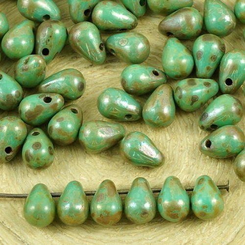 40pcs picasso turquoise vert argent larme petite de verre tchèque perles de 4 mm x 6 mm sku-35558