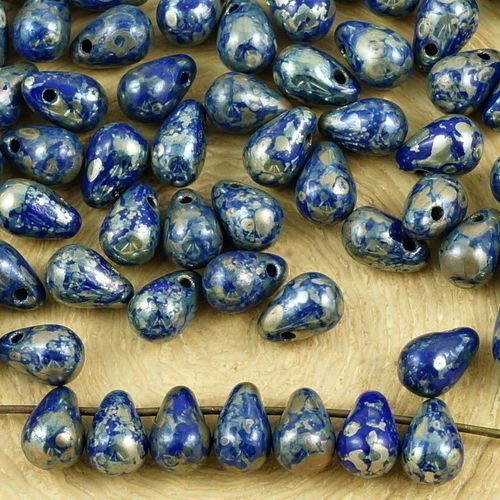 40pcs picasso argent bleu opaque larme petite de verre tchèque perles de 4 mm x 6 mm sku-35563