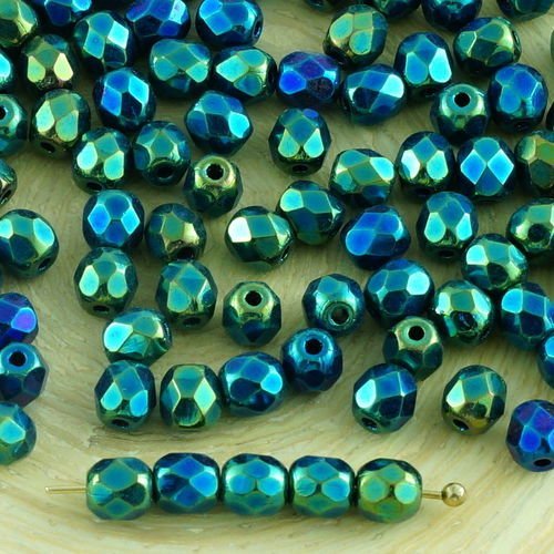 100pcs vert métallique iris verre tchèque ronde à facettes feu poli petites perles d'entretoise de 4 sku-31588