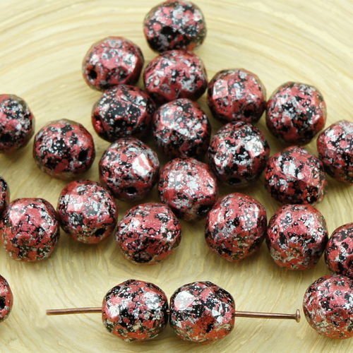 20pcs opaque jet de granit noir rouge argent tweedy patine verre tchèque ronde à facettes feu poli p sku-31685