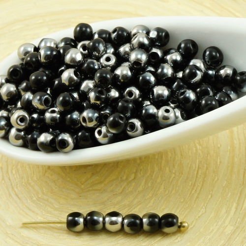 100pcs jet noir metallic dark silver demi-rond verre tchèque perles de petite entretoise de graines  sku-31708
