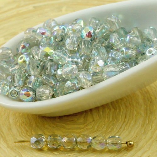 100pcs bleu cristal arc-en-ciel ronde à facettes feu poli verre tchèque perles de petit écarteur 3mm sku-31814