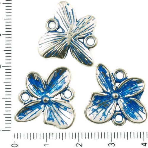 4pcs antique ton argent bleu patine laver de grandes fleurs floral de la nature connecteurs 2 deux t sku-36395