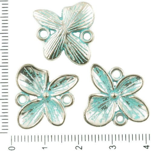4pcs antique ton argent bleu turquoise patine laver de grandes fleurs floral de la nature connecteur sku-36398