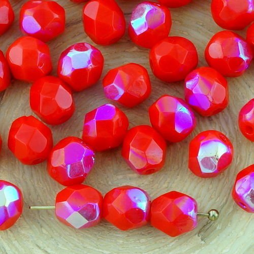 40pcs opaque rouge corail ab demi-rond à facettes feu poli entretoise de verre tchèque perles de 6mm sku-33262