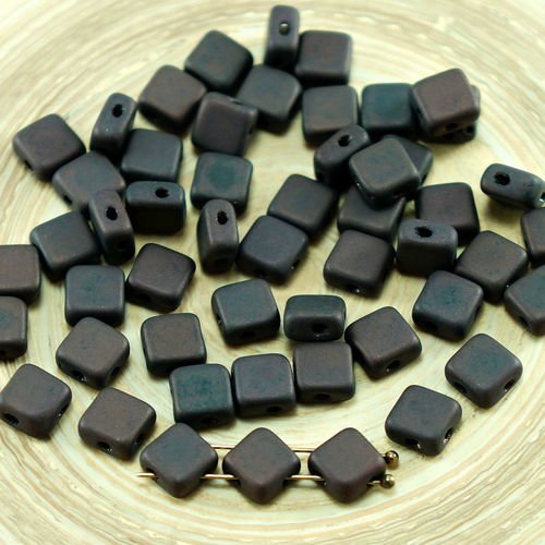 30pcs mat brun chocolat losange plat carré soyeux 2 deux trou de verre tchèque perles de 6mm x 6mm sku-27393