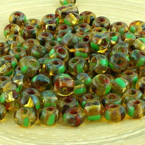 Anissa picasso cristal vert jaune rouge foncé rayé rustique terreux tribal tour de 1/0 tchèque en ve sku-33628