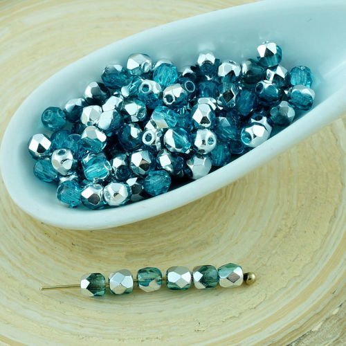 100pcs cristal aigue-marine aqua blue silver demi-rond à facettes feu poli verre tchèque perles de p sku-28699