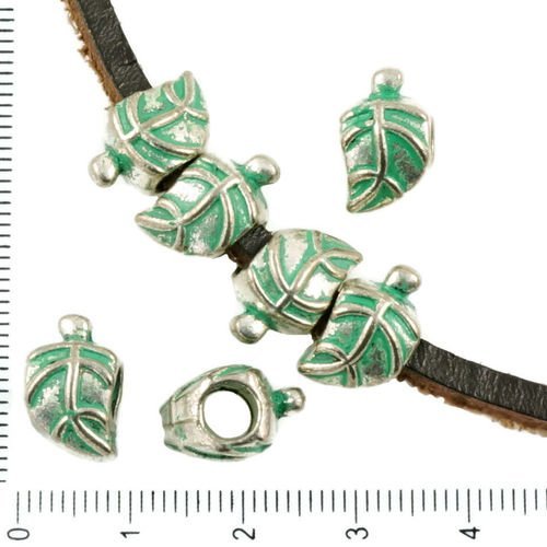 6pcs antique ton argent turquoise patine verte laver de grandes trou de la feuille européen de style sku-37149