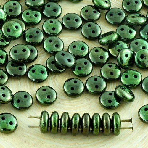 40pcs vert métallique éclat de lentilles de perles rondes en plat en verre tchèque 2 deux trou des d sku-31094