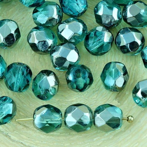 40pcs cristal aigue-marine bleu metallic dark silver chrome demi-rond à facettes feu poli entretoise sku-33203
