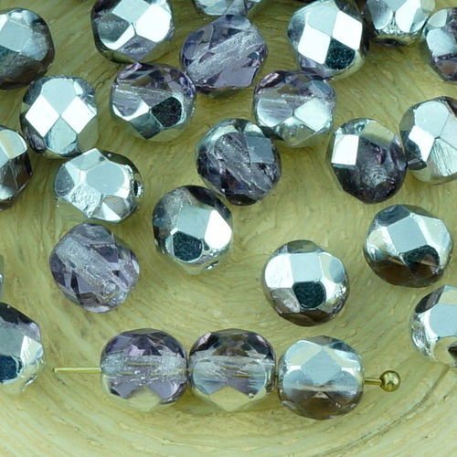 40pcs léger en cristal améthyste violet clair métallisé-labrador argent demi-rond à facettes feu pol sku-33211