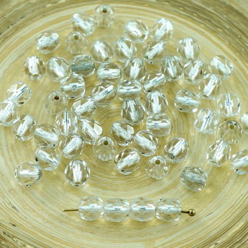 50pcs argent cristal doublé de verre tchèque ronde à facettes feu poli perles d'entretoise de 5mm sku-29143