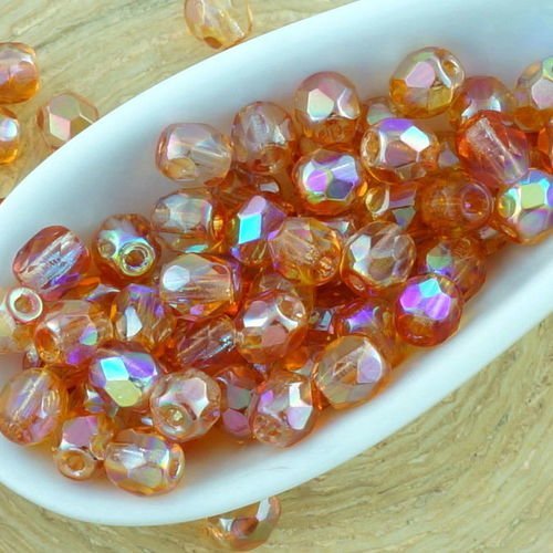 100pcs crystal orange arc-en-ciel demi-rond à facettes feu poli entretoise tchèque perles de verre d sku-34520