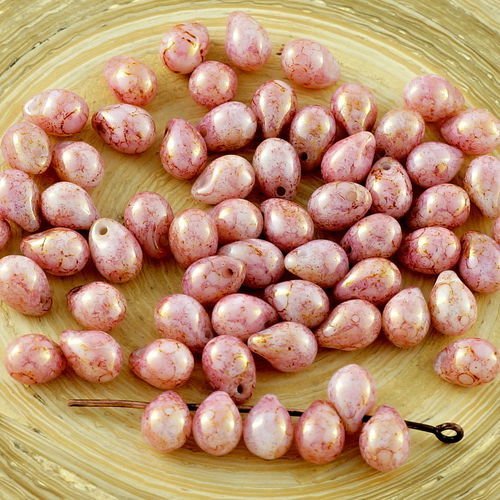 40pcs picasso valentine opale rose en terre cuite verre tchèque petite larme perles de 7mm x 5mm sku-30574