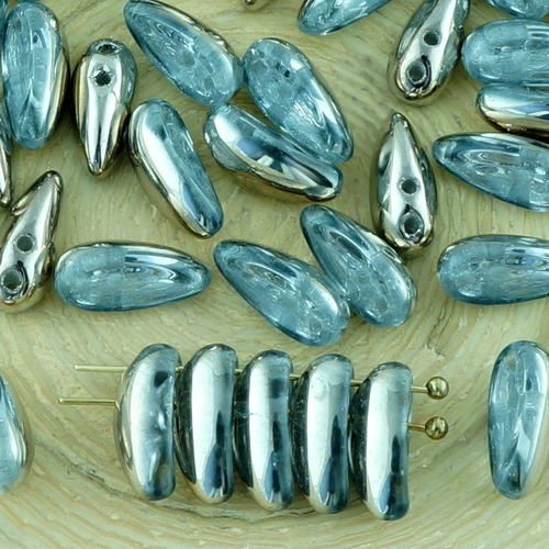 30pcs crystal metallic silver moitié preciosa piment 2 deux trous tchèque perles de verre 11 mm x 4  sku-32819