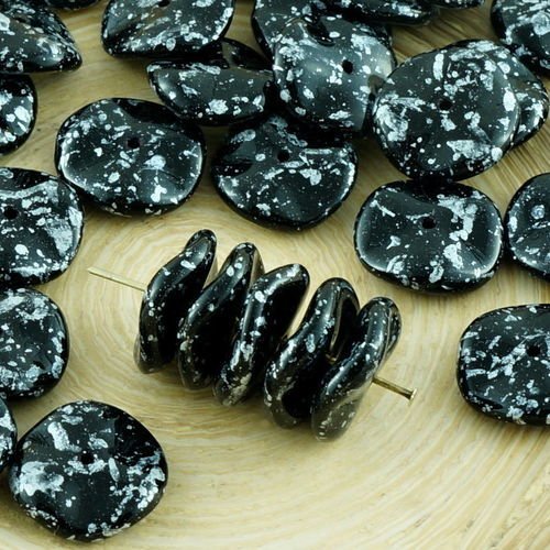 12pcs black silver spotted tweedy agité plat rond de disque ondulation un trou de verre tchèque perl sku-30952