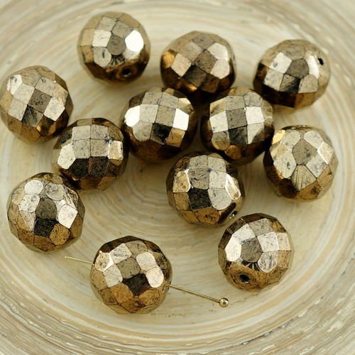 10pcs grand métallisé vieil or bronze ronde verre tchèque perles de feu poli facettes de noël 12mm sku-29087