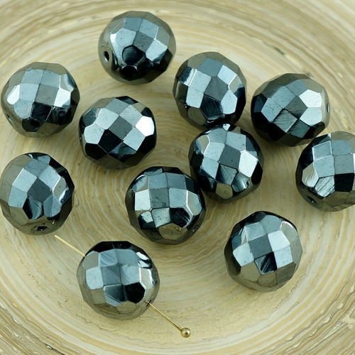 10pcs grand metallic dark silver hématite ronde verre tchèque perles de feu poli facettes de noël 12 sku-29089
