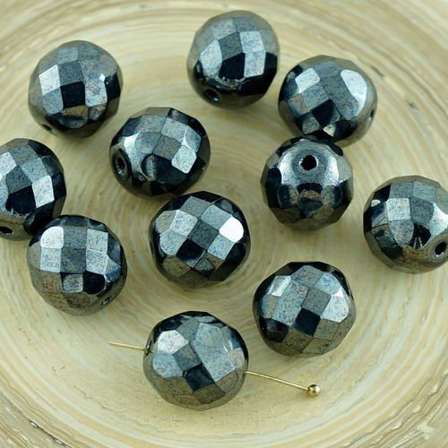 10pcs grand metallic argent noir lustre rond verre tchèque perles de feu poli facettes de noël 12mm sku-29090