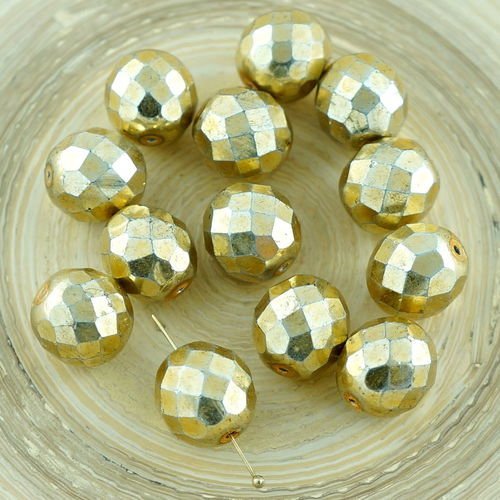 10pcs grand métallisé vieil or ronde verre tchèque perles de feu poli facettes de noël 12mm sku-29099