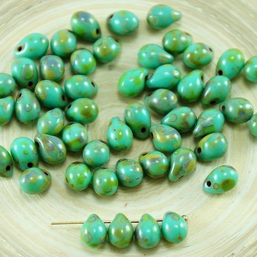 40pcs picasso turquoise vert verre tchèque petite larme perles de 7mm x 5mm sku-27063