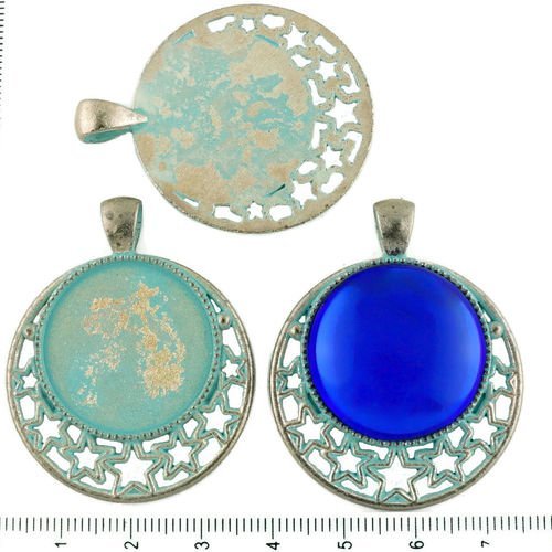 2pcs tchèque bleu turquoise patine antique ton argent grand pendentif rond cabochon paramètres de st sku-34239