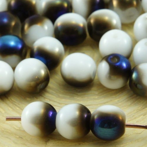 40pcs opaque blanc metallic blue azure noir à demi-tour druk verre tchèque pressé perles de 6mm sku-31964