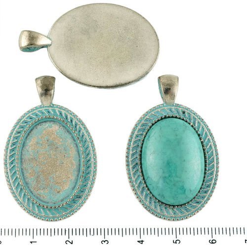 2pcs tchèque bleu turquoise patine antique ton argent grand ovale pendentif bande cabochon paramètre sku-34183