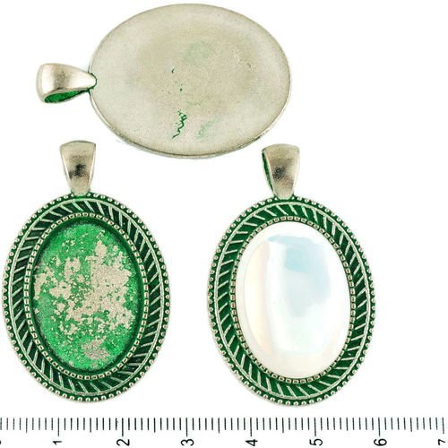 2pcs tchèque vert turquoise patine antique ton argent grand ovale pendentif bande cabochon paramètre sku-34185