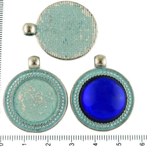 2pcs tchèque bleu turquoise patine antique ton argent grand pendentif rond cabochon de paramètres vi sku-34205