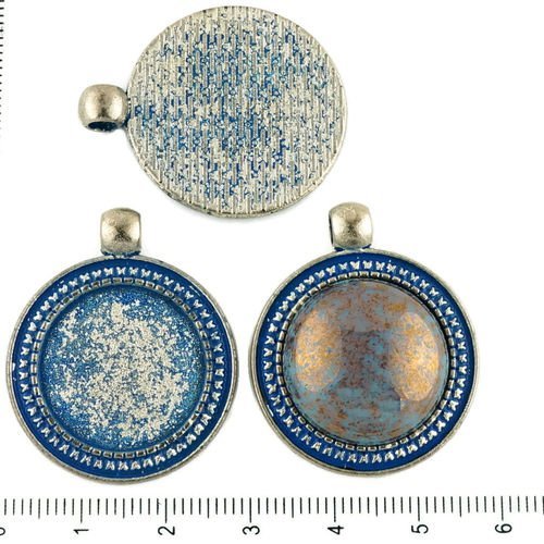 2pcs tchèque bleu patine antique ton argent grand pendentif rond cabochon de paramètres vide tiroir  sku-34206