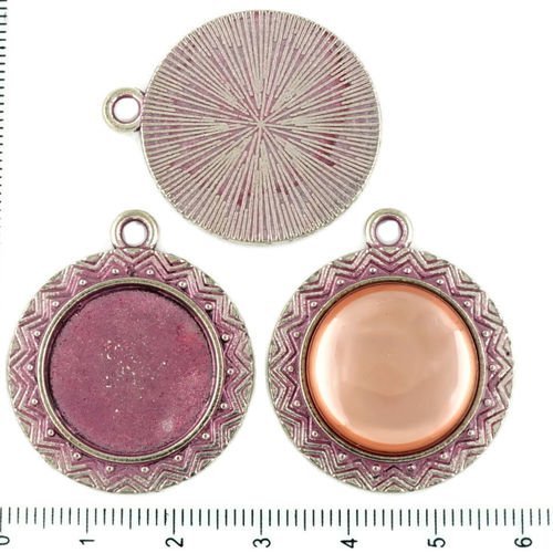 2pcs tchèque valentine rose patine antique ton argent grand pendentif rond cabochon paramètres aztèq sku-34227