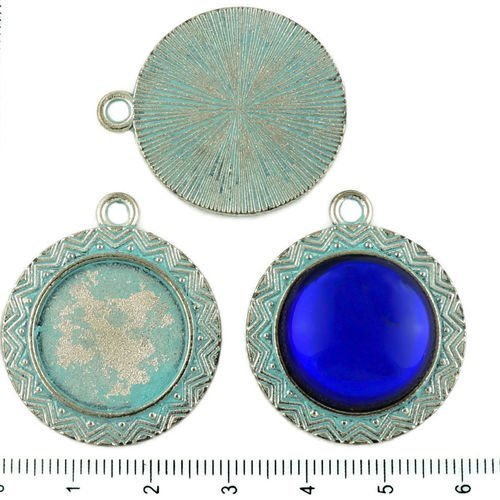 2pcs tchèque bleu turquoise patine antique ton argent grand pendentif rond cabochon paramètres aztèq sku-34230