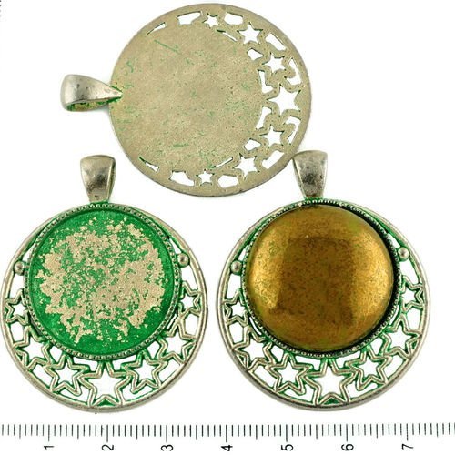 2pcs tchèque vert turquoise patine antique ton argent grand pendentif rond cabochon paramètres de st sku-34238