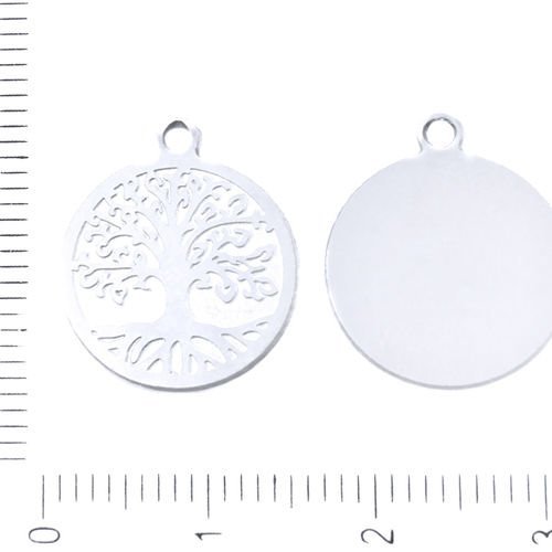 4pcs argent hypoallergénique rondes en acier inoxydable arbre de vie lazer gravé plat pendentif char sku-38816