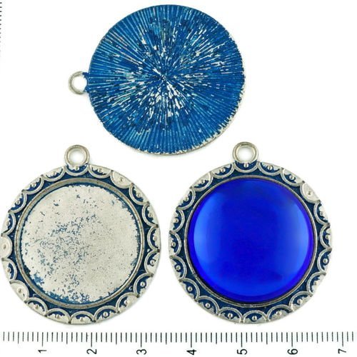 2pcs tchèque bleu patine antique ton argent grand pendentif rond cabochon paramètres de bobo lunette sku-34246
