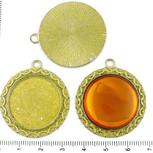 2pcs tchèque jaune patine antique ton argent grand pendentif rond cabochon paramètres de bobo lunett sku-34247