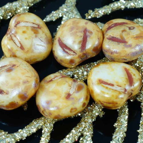Rustique picasso brun jaune tchèque en verre de plat de coeur saint-valentin perles 10mm x 11mm 12pc sku-18294