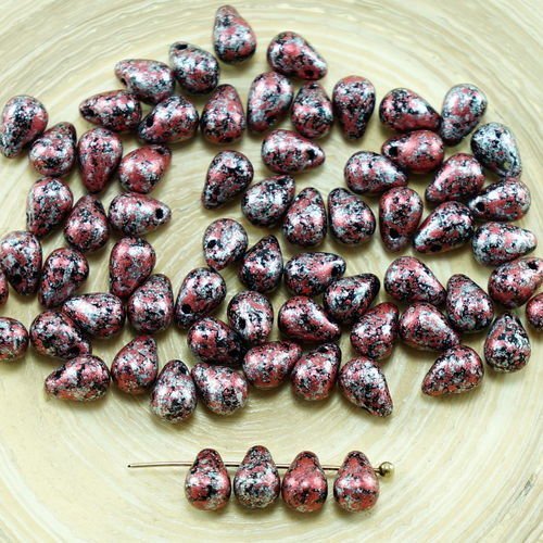 40pcs patine argent rouge tacheté de verre tchèque petite larme perles de 4 mm x 6 mm sku-27301