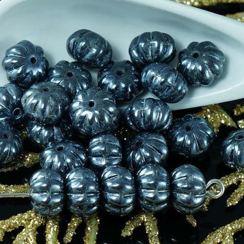 Métallique opaque de l'hématite verre tchèque écrasé melon perles de fruits de citrouille d'hallowee sku-18418