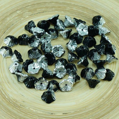 40pcs jet noir argent-labrador demi-verre tchèque bell fleur perle caps halloween 7mm x 5mm sku-26734