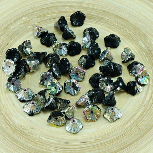 40pcs noir argent dichroïque vitrail demi-verre tchèque bell fleur de perle de bouchons 7mm x 5mm sku-26736