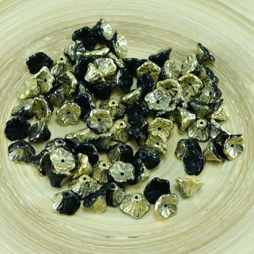 40pcs d'un noir de jais de l'ambre d'or demi-verre tchèque bell fleur de perle de bouchons 7mm x 5mm sku-26739
