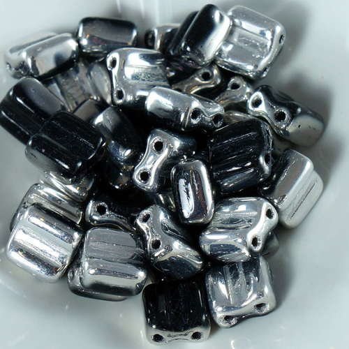 30pcs jet noir argent-labrador soyeux perles bloc de verre tchèque deux trous pressé de 6mm sku-19113