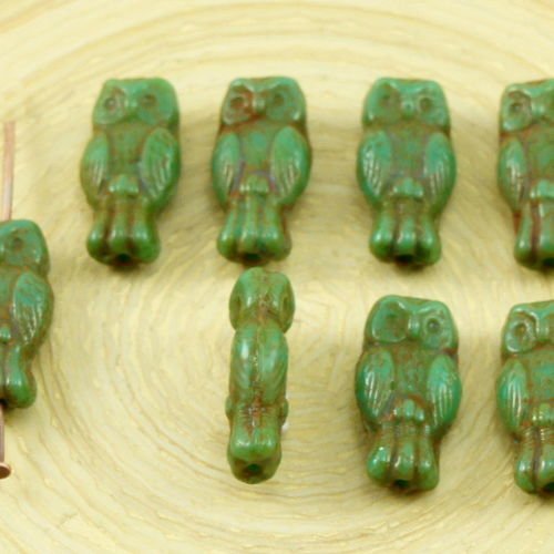 22pcs petit picasso opaque turquoise green à deux faces de verre tchèque chouette perles oiseau anim sku-31807